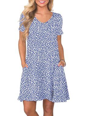Women's Spots Blue Casual V Neck Short Sleeve Soft Pull On Pockets T Shirts